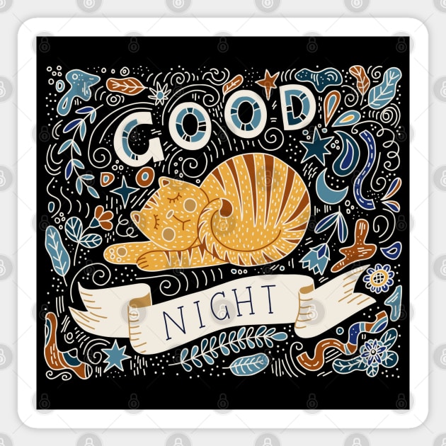good night sleeping cat hand drawn Sticker by Mako Design 
